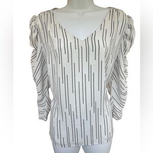 CAbi Romantic V-Neck Puff Sleeve Top Black Cascading Heart Pinstripes - L